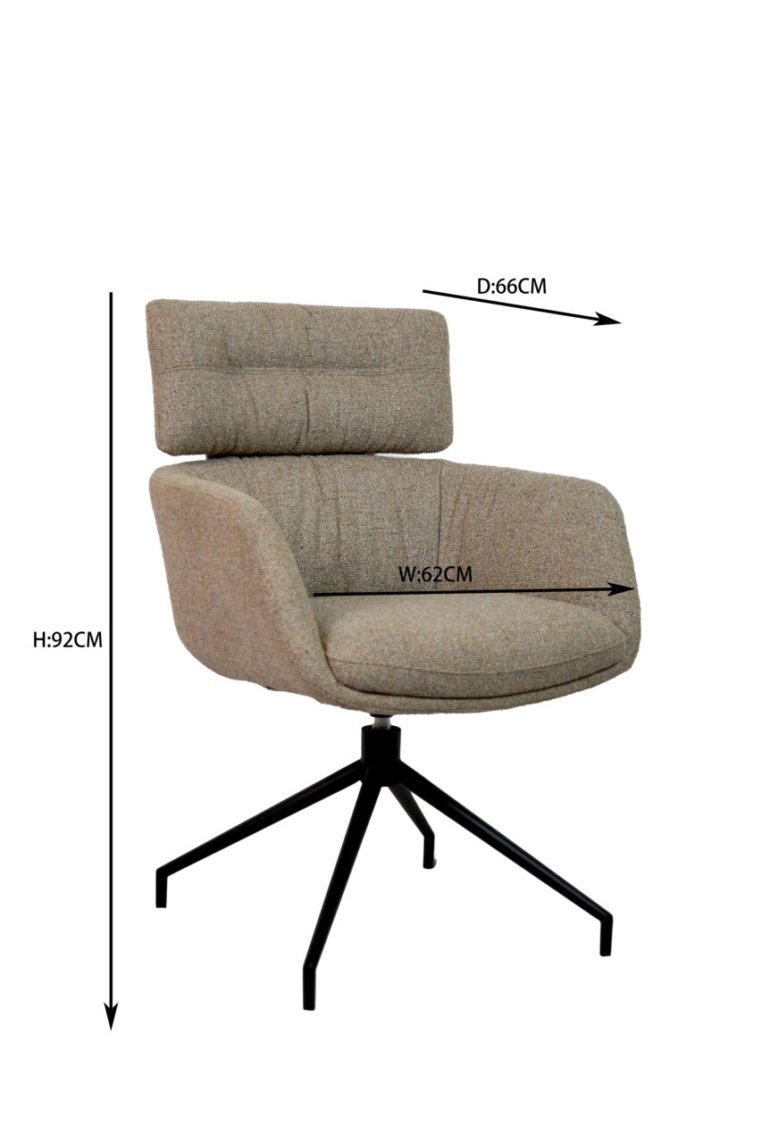 Moderne fauteuil met gestoffeerde zitting en rugleuning, op een zwart metalen onderstel, zijaanzicht