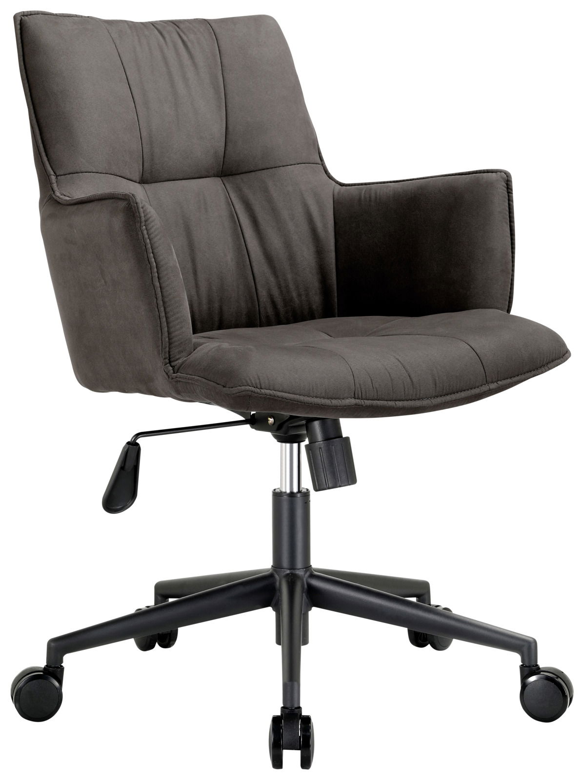 Novel Drehsessel OSAKA Moderner Drehsessel in dunklem Stoff mit Armlehnen, verstellbarer Höhe und Rollen, seitliche Perspektive