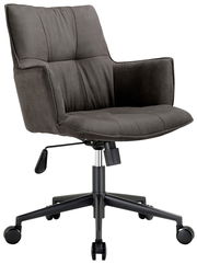 Moderner Drehsessel in dunklem Stoff mit Armlehnen, verstellbarer Höhe und Rollen, seitliche Perspektive