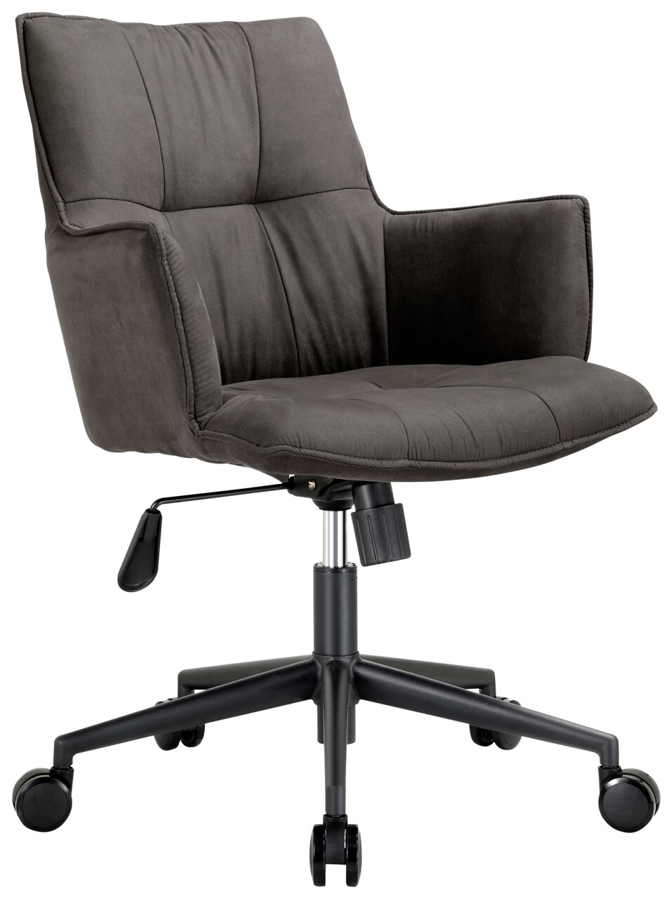 Moderner Drehsessel in dunklem Stoff mit Armlehnen, verstellbarer Höhe und Rollen, seitliche Perspektive