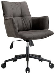 Moderner Drehsessel in dunklem Stoff mit Armlehnen, verstellbarer Höhe und Rollen, seitliche Perspektive