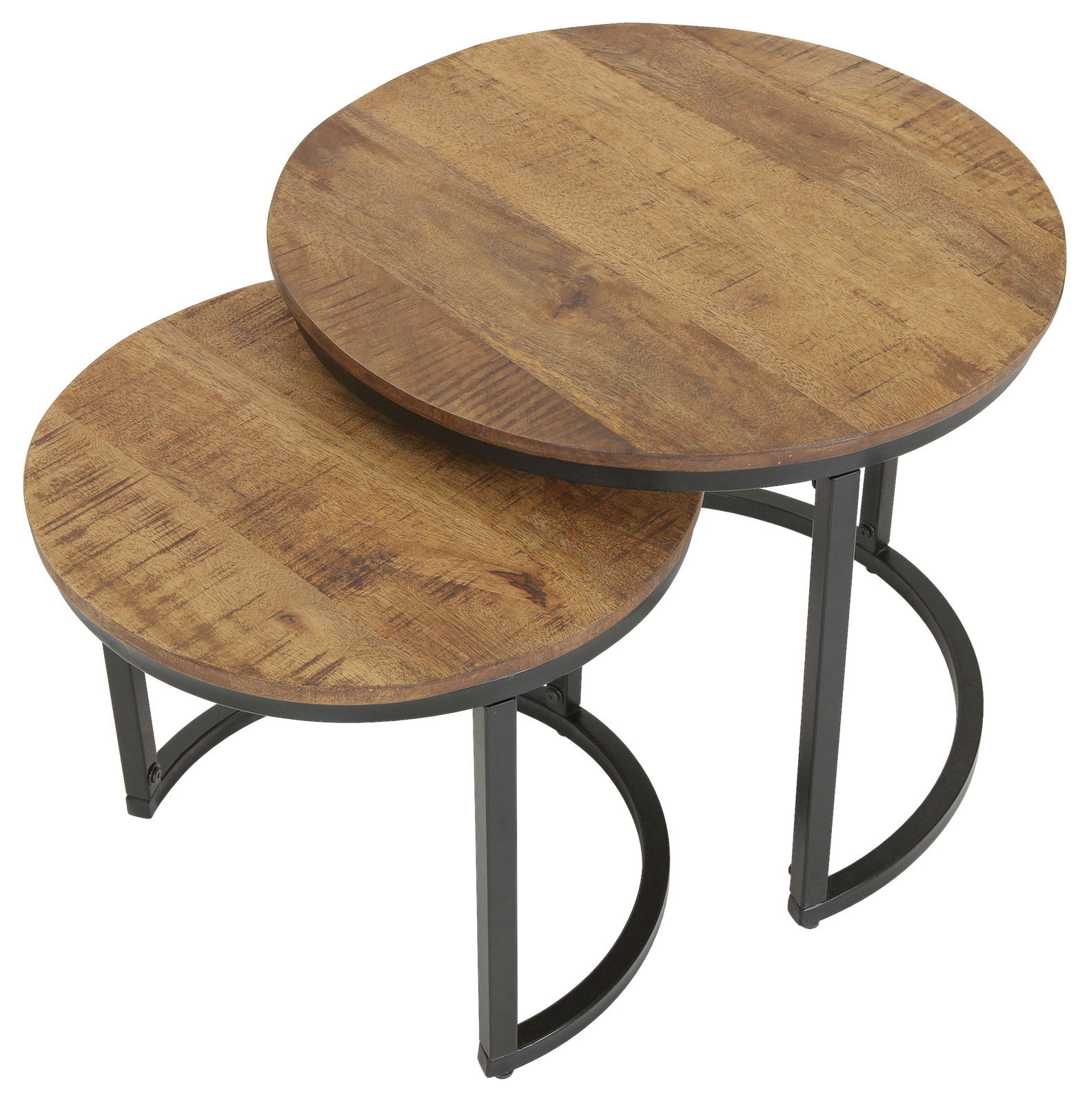 Zweier-Set runder Beistelltische aus Holz mit Metallgestell, Perspektive von oben