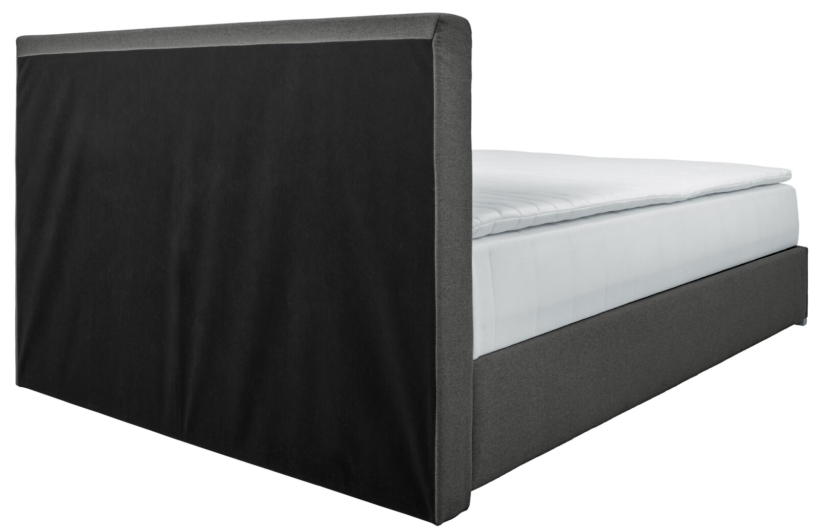Boxbett 140 in seitlicher Perspektive mit schwarzem Kopfteil und grauem Rahmen.