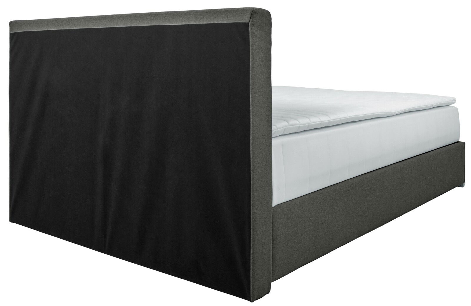 Boxbett 140 in seitlicher Perspektive mit schwarzem Kopfteil und grauem Rahmen.