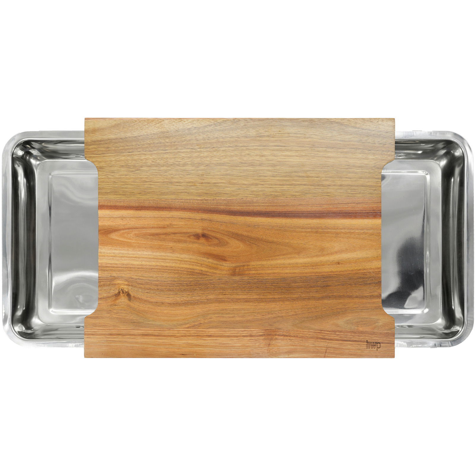 Schneidebrett mit Auffangschale aus Holz und Edelstahl, Draufsicht