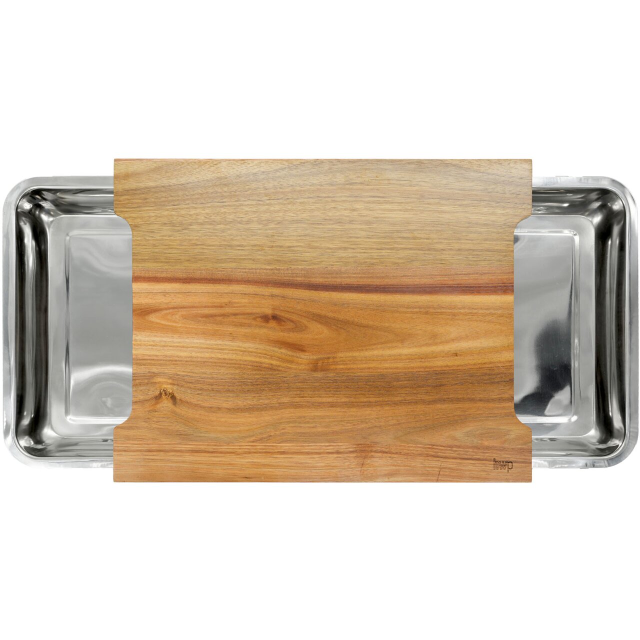 Schneidebrett mit Auffangschale aus Holz und Edelstahl, Draufsicht