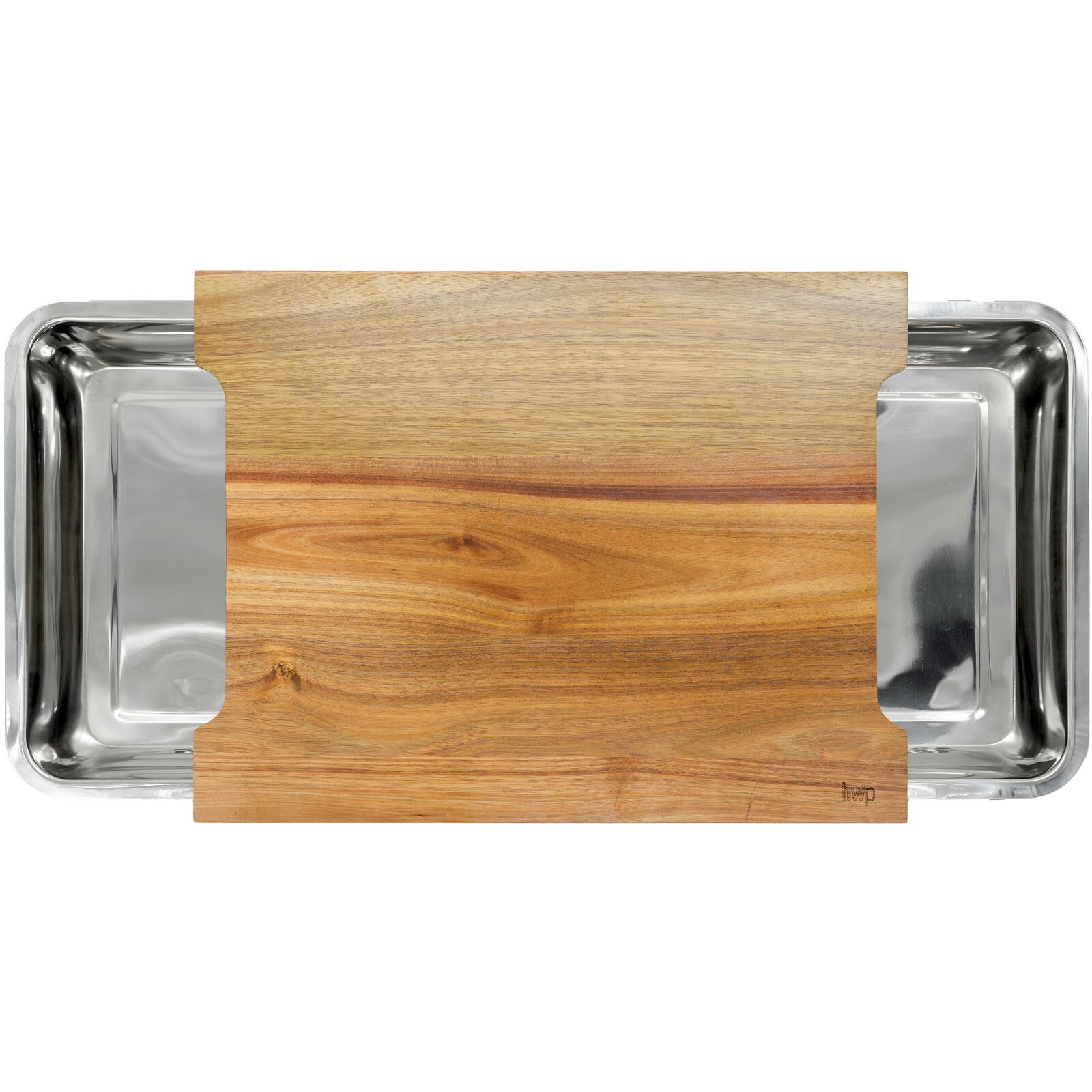 Schneidebrett mit Auffangschale aus Holz und Edelstahl, Draufsicht