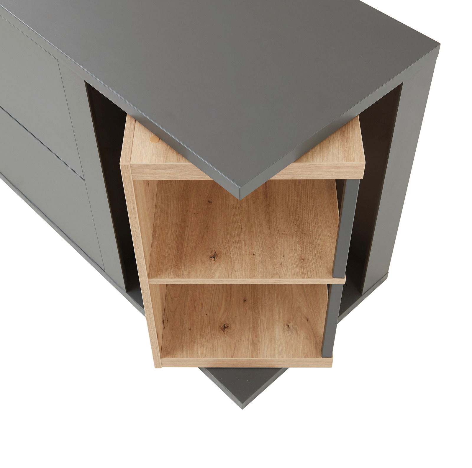 TV-Lowboard aus der Vogelperspektive mit grauer Oberfläche und offenen Holzregalen.