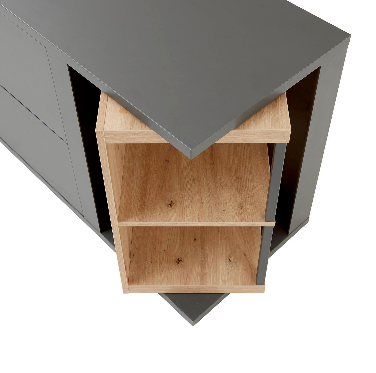 TV-Lowboard aus der Vogelperspektive mit grauer Oberfläche und offenen Holzregalen.