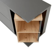 TV-Lowboard aus der Vogelperspektive mit grauer Oberfläche und offenen Holzregalen.