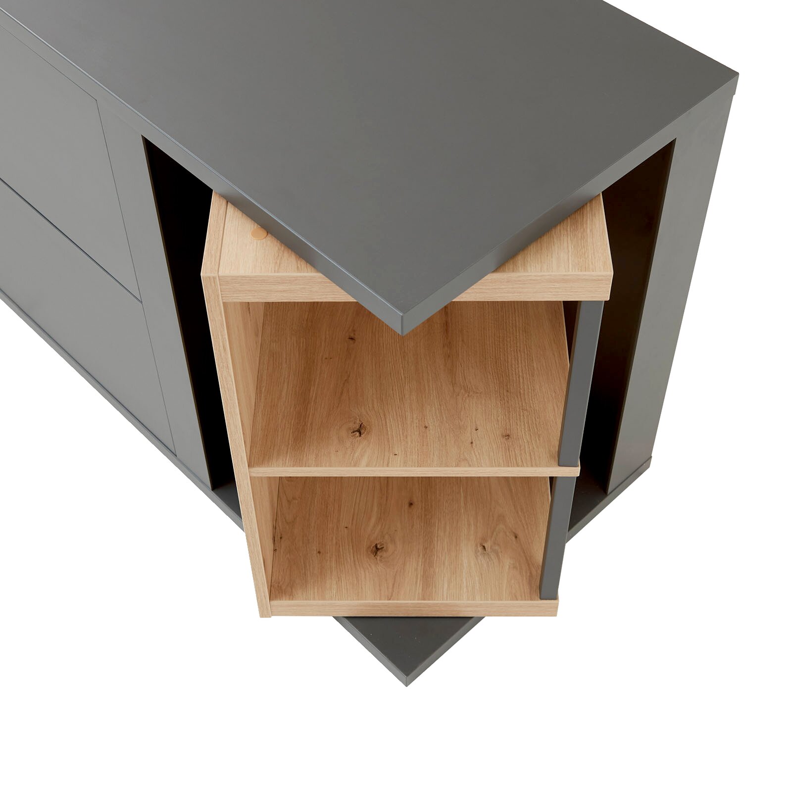 TV-Lowboard aus der Vogelperspektive mit grauer Oberfläche und offenen Holzregalen.