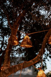 Outdoor-Lichterkette mit geflochtenen Lampenschirmen, aufgehängt an einem Baum in der Abenddämmerung, seitliche Perspektive