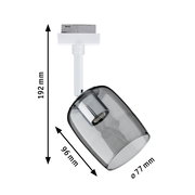 Schienenspot Blossom in seitlicher Perspektive mit transparentem, rauchgrauem Lampenschirm und weißen Halterungen, Maße 192 mm hoch, 96 mm lang, Durchmesser 77 mm.