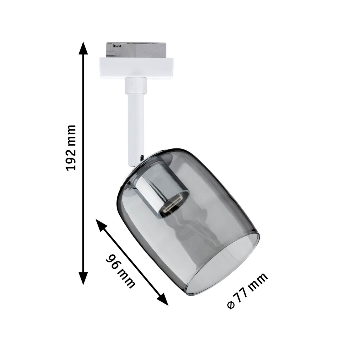 Schienenspot Blossom in seitlicher Perspektive mit transparentem, rauchgrauem Lampenschirm und weißen Halterungen, Maße 192 mm hoch, 96 mm lang, Durchmesser 77 mm.
