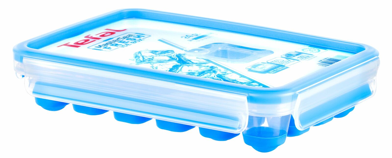 Eiswürfelbox Clip & Close von Tefal, seitliche Perspektive, mit blauem Deckel und transparentem Behälter.
