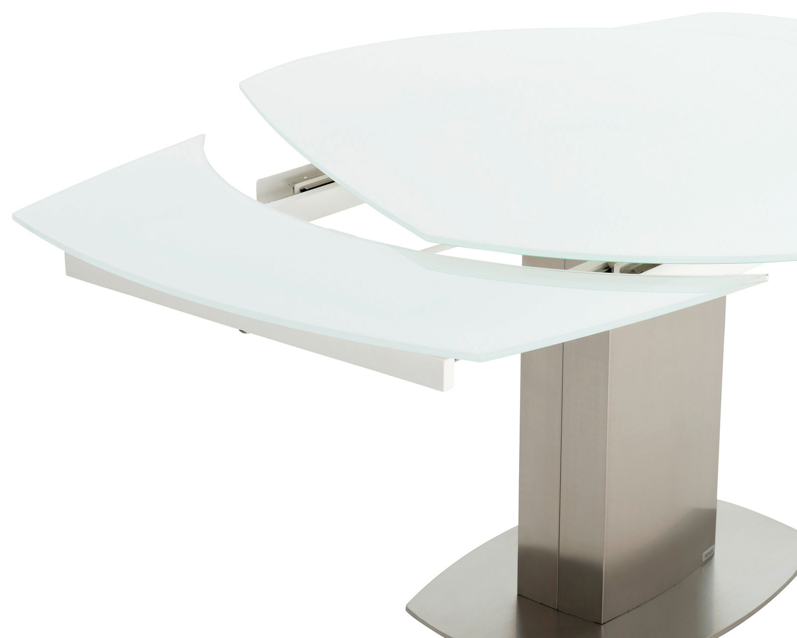 Moderner Esstisch mit ausziehbarer Glasplatte, seitliche Perspektive