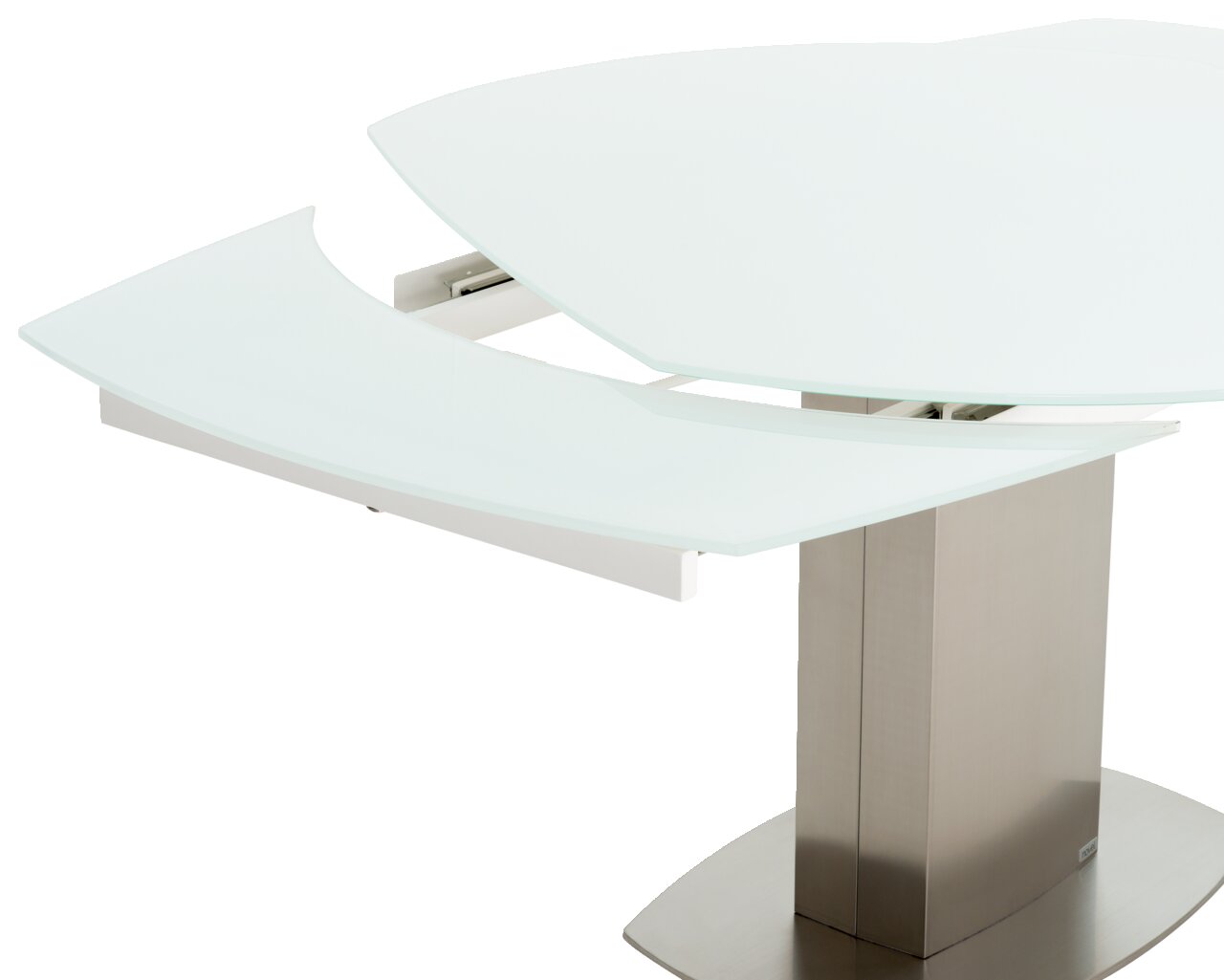 Moderner Esstisch mit ausziehbarer Glasplatte, seitliche Perspektive