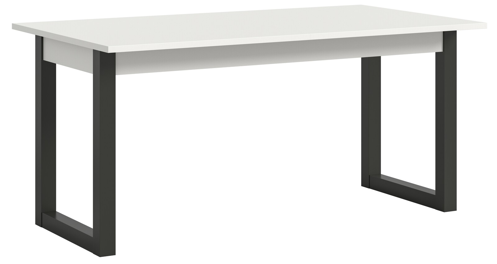 Moderner Esstisch mit weißer Tischplatte und schwarzen Metallbeinen, seitliche Perspektive