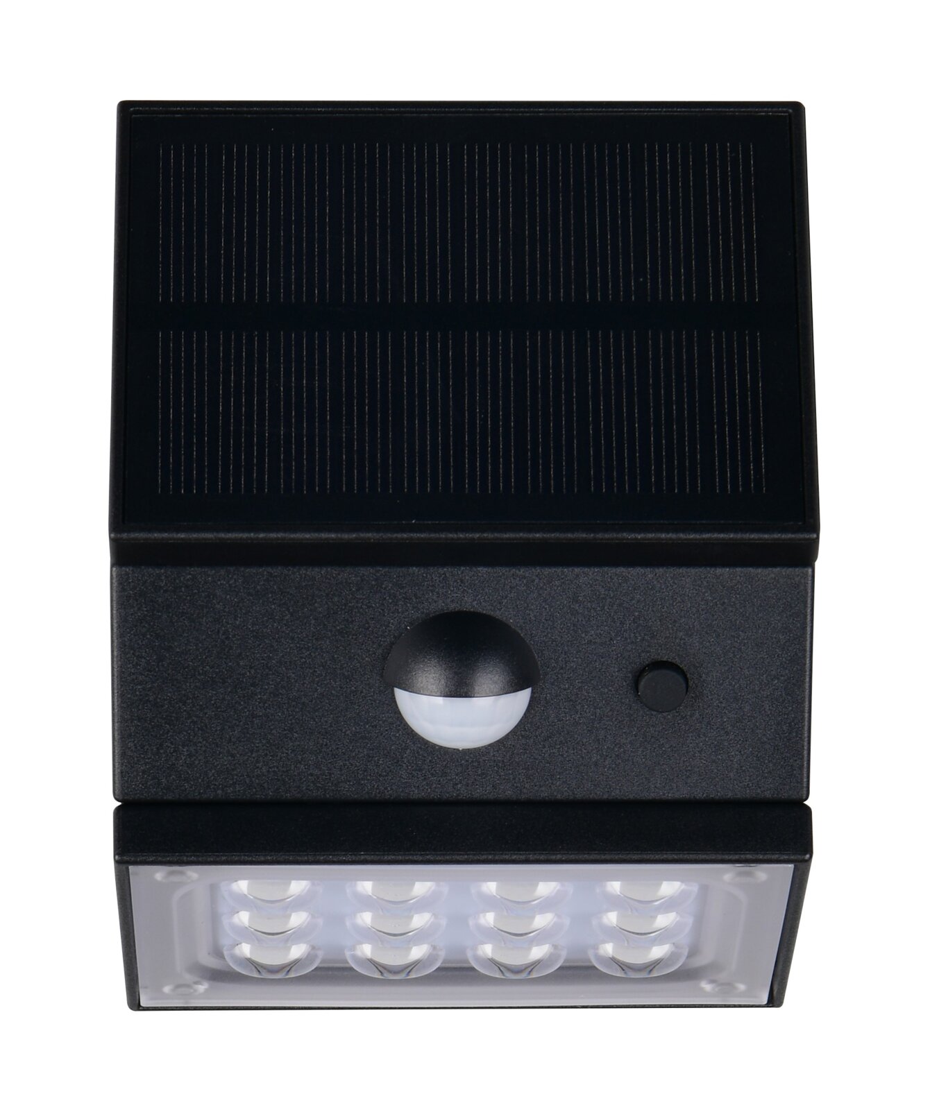 LED-buitenwandlamp op zonne-energie met zonnepaneel en bewegingsmelder, vooraanzicht