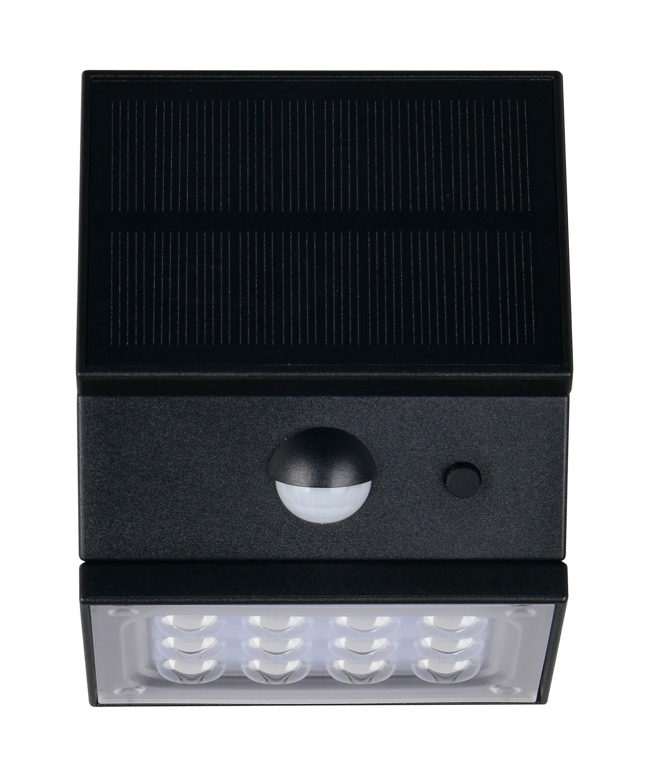 LED-Solar-Außenwandleuchte mit Solarpanel und Bewegungsmelder, Vorderansicht