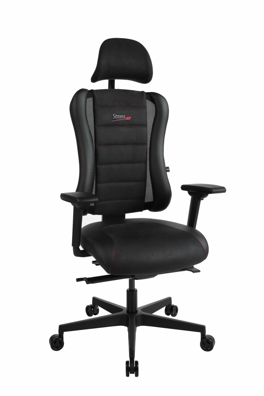 Schwarzer Gaming Stuhl mit ergonomischem Design, Kopfstütze und Armlehnen, Vorderansicht