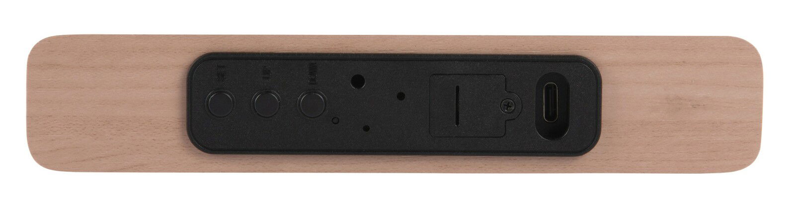 Rückansicht eines Weckers mit Holzoptik und schwarzen Bedienelementen.