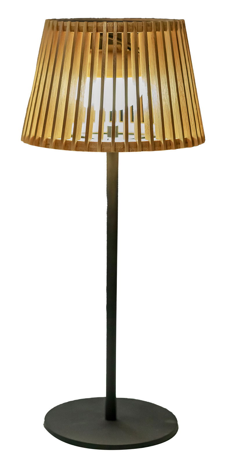 Solar-Tischleuchte mit Holzlamellen, seitliche Perspektive