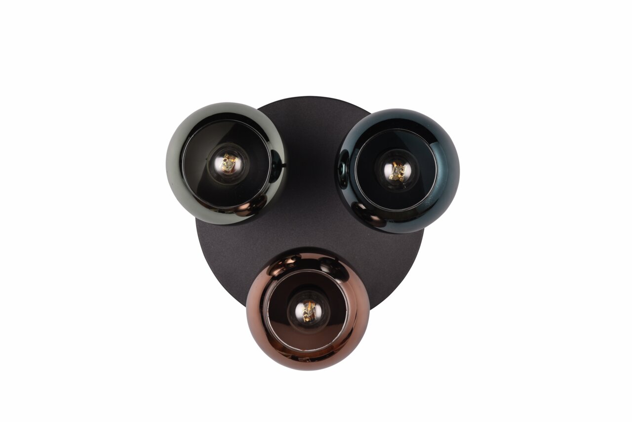 Draufsicht auf die Deckenleuchte SHELDON mit drei kugelförmigen Lampenschirmen in verschiedenen Farben.