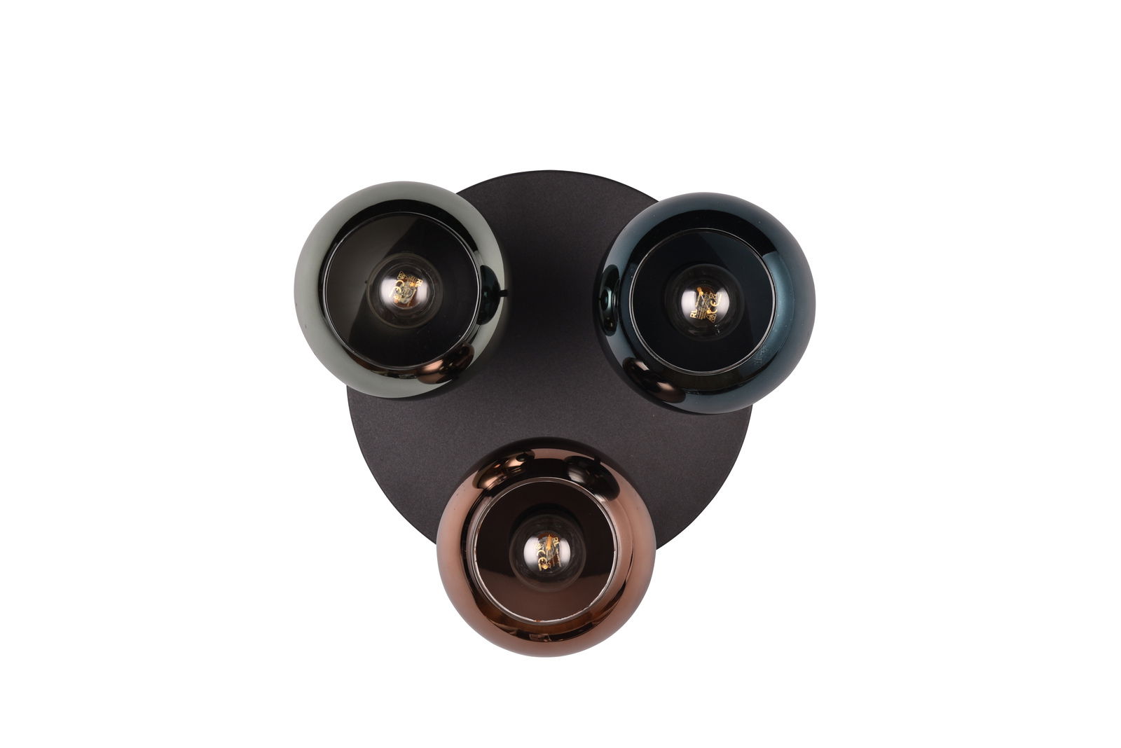 Draufsicht auf die Deckenleuchte SHELDON mit drei kugelförmigen Lampenschirmen in verschiedenen Farben.