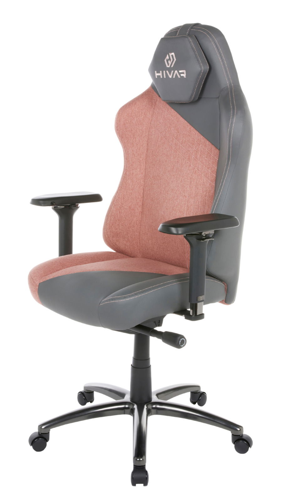 Gaming Stuhl in seitlicher Perspektive mit ergonomischem Design, gepolsterten Armlehnen und stabiler Basis auf Rollen.