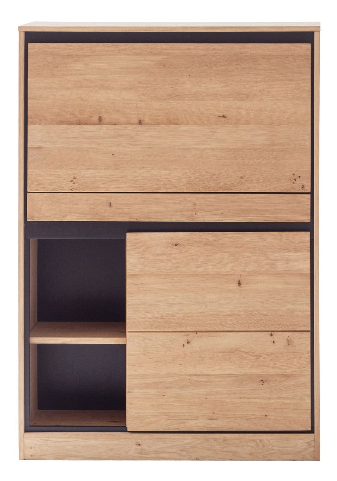 Moderner Sekretär aus Holz mit offenen Fächern und Schubladen, Frontalansicht.