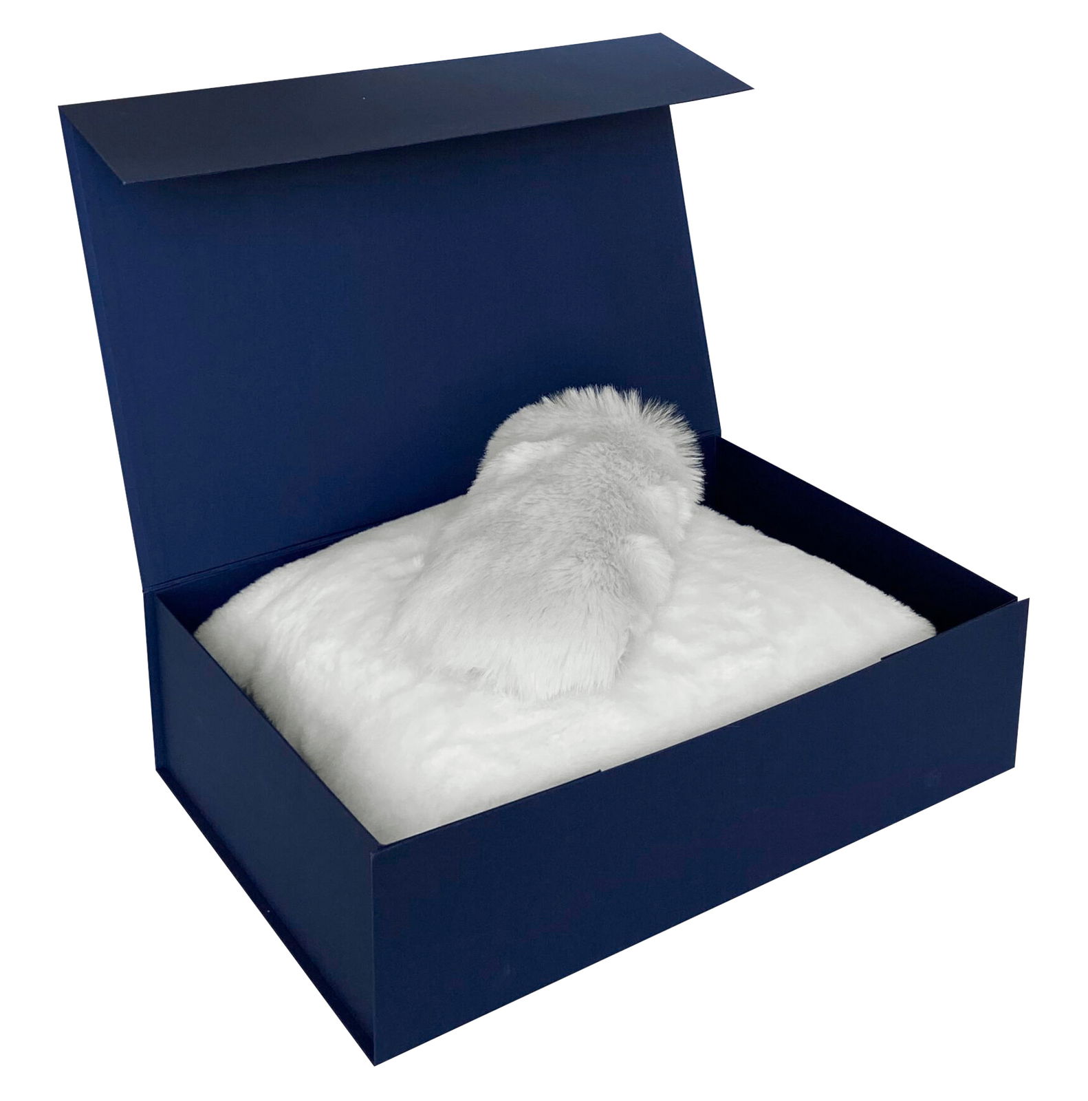 Geschenkset in einer offenen blauen Box mit weichem, weißem Fellinhalt, von oben betrachtet