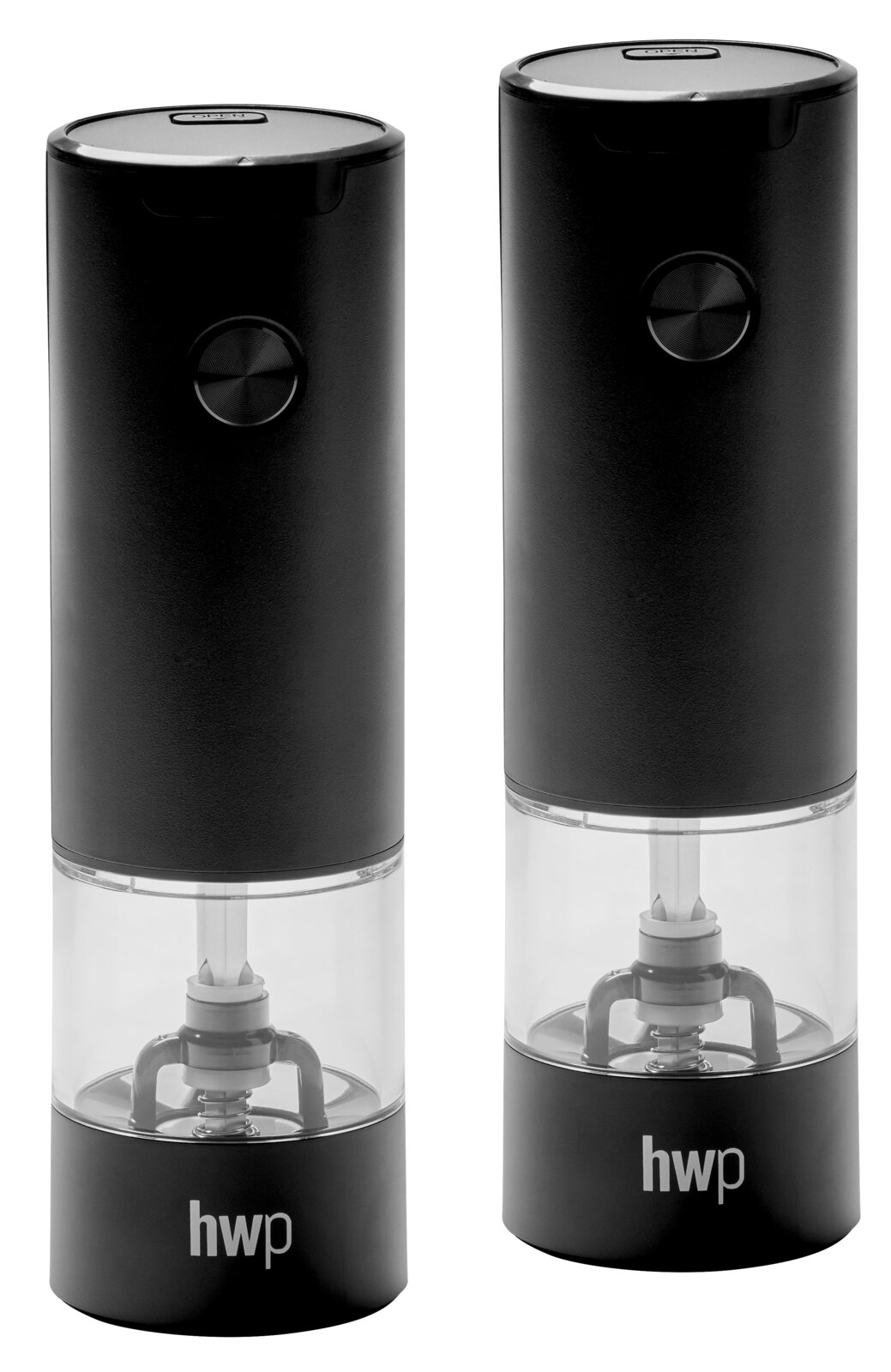 Zwei schwarze Salz- und Pfeffermühlen im Set, frontal abgebildet. Die Mühlen haben ein modernes Design mit einem transparenten Mittelteil und einem Knopf oben.