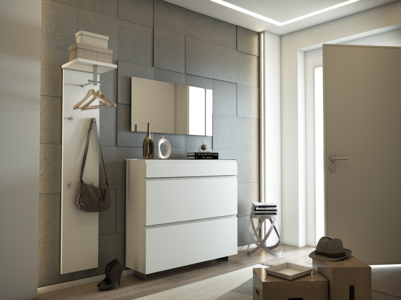 Moderner Eingangsbereich mit weißem Hängeschuhschrank und Garderobenpaneel, seitliche Perspektive