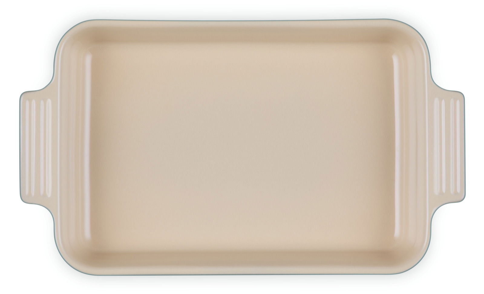 Rechteckige Auflaufform in Cremefarbe mit seitlichen Griffen, Draufsicht.