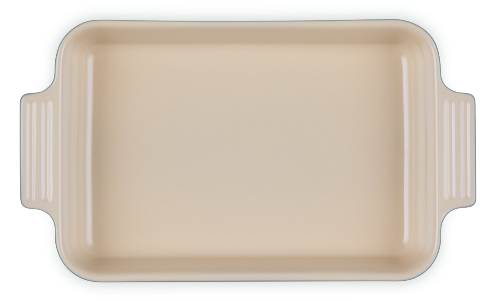Rechteckige Auflaufform in Cremefarbe mit seitlichen Griffen, Draufsicht.