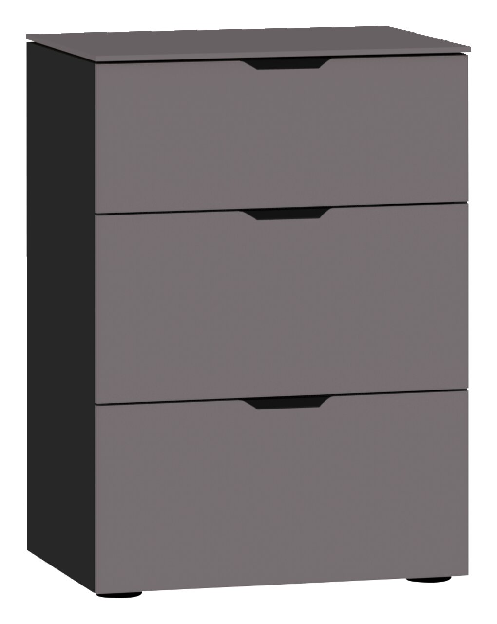 Graue Nachtkommode mit drei Schubladen, frontale Ansicht