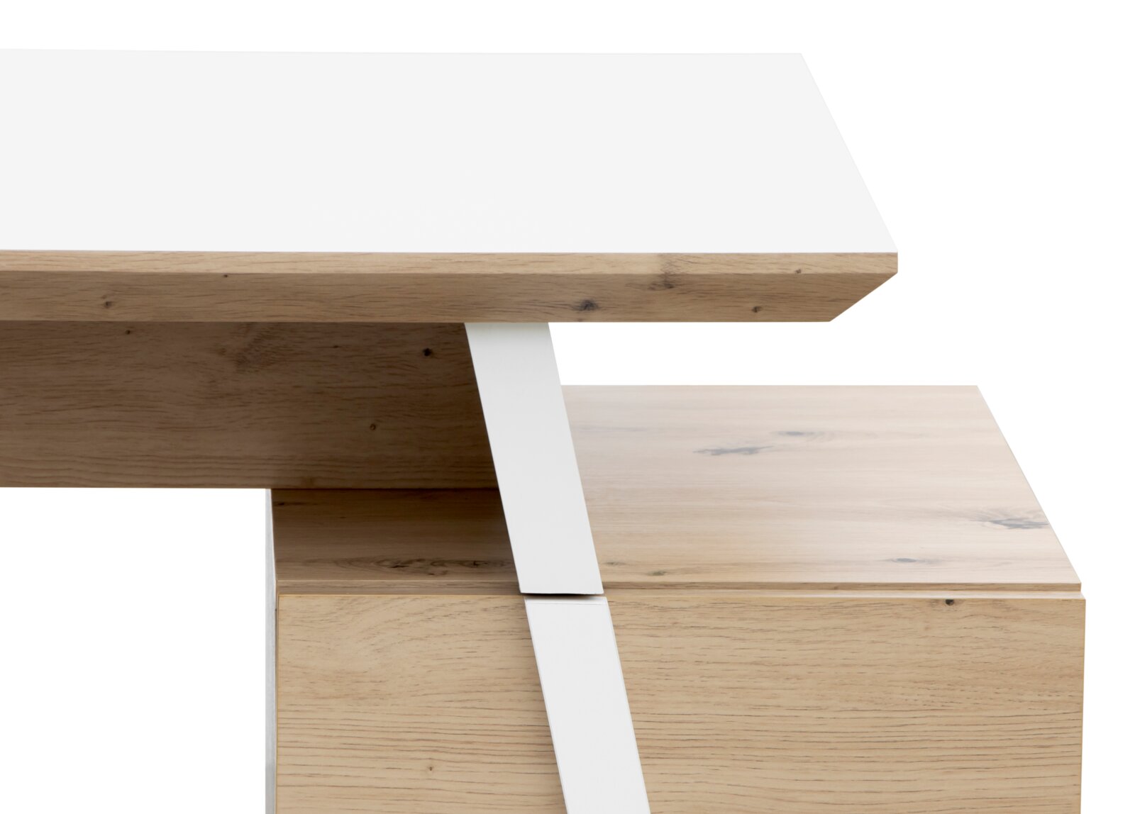 Nahaufnahme eines modernen Schreibtisches mit weißer Tischplatte und Holzdetails, seitliche Perspektive