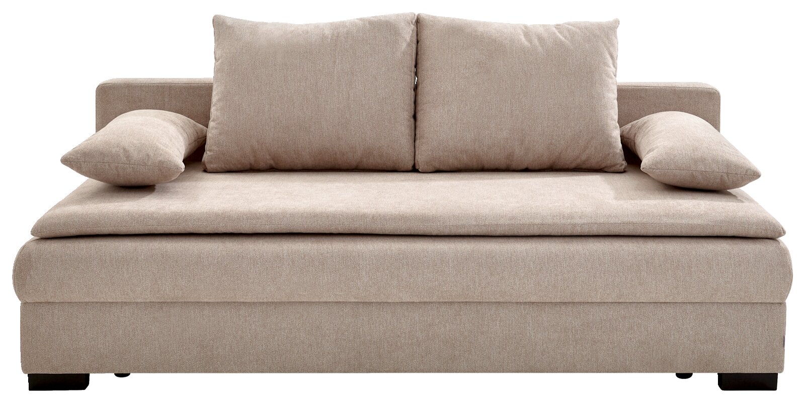 Beige functionele bank met twee rugkussens en armleuningkussens, vooraanzicht