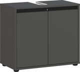 Moderner Waschbeckenunterschrank in dunklem Grau mit zwei Türen, frontal abgebildet.