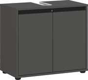 Moderner Waschbeckenunterschrank in dunklem Grau mit zwei Türen, frontal abgebildet.