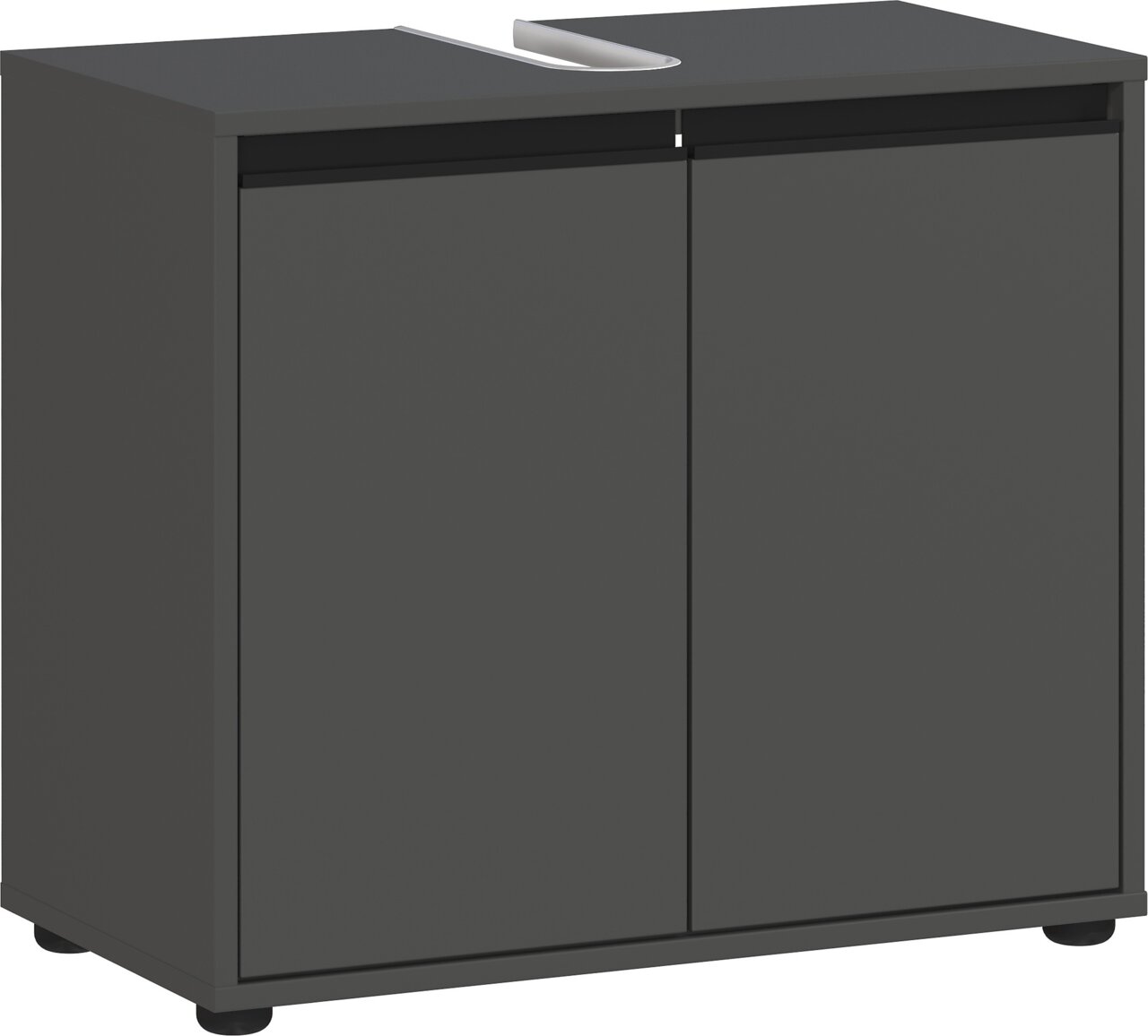 Moderner Waschbeckenunterschrank in dunklem Grau mit zwei Türen, frontal abgebildet.