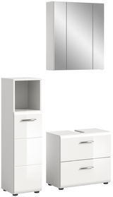 Moderne Badkombination bestehend aus einem Spiegelschrank, einem Hochschrank und einem Unterschrank, alle in glänzendem Weiß, aus der Frontalperspektive.