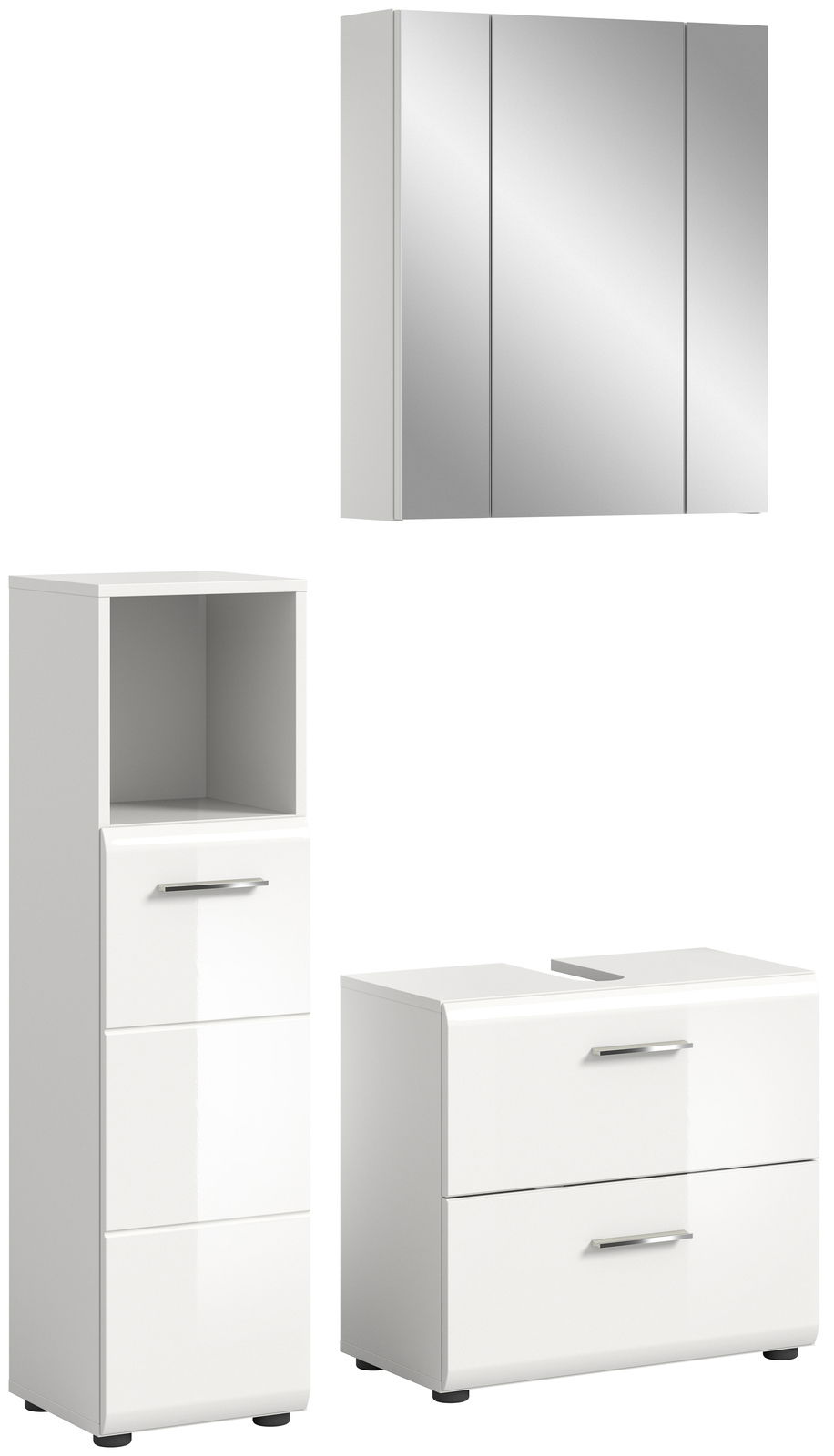 Moderne Badkombination bestehend aus einem Spiegelschrank, einem Hochschrank und einem Unterschrank, alle in glänzendem Weiß, aus der Frontalperspektive.