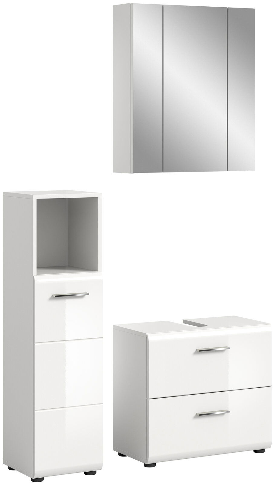 Moderne Badkombination bestehend aus einem Spiegelschrank, einem Hochschrank und einem Unterschrank, alle in glänzendem Weiß, aus der Frontalperspektive.