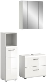 Moderne Badkombination bestehend aus einem Spiegelschrank, einem Hochschrank und einem Unterschrank, alle in glänzendem Weiß, aus der Frontalperspektive.