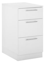 Weißer Unterschrank mit drei Schubladen und silbernen Griffen, seitliche Perspektive