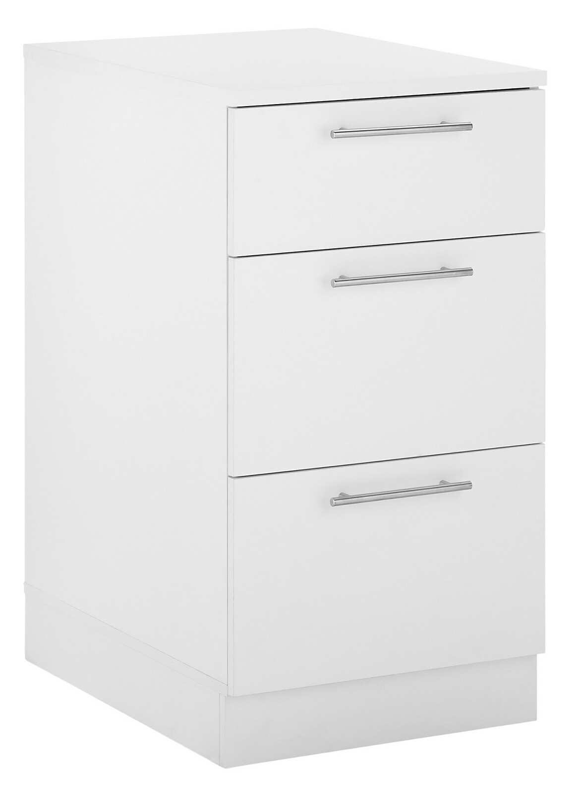 Weißer Unterschrank mit drei Schubladen und silbernen Griffen, seitliche Perspektive