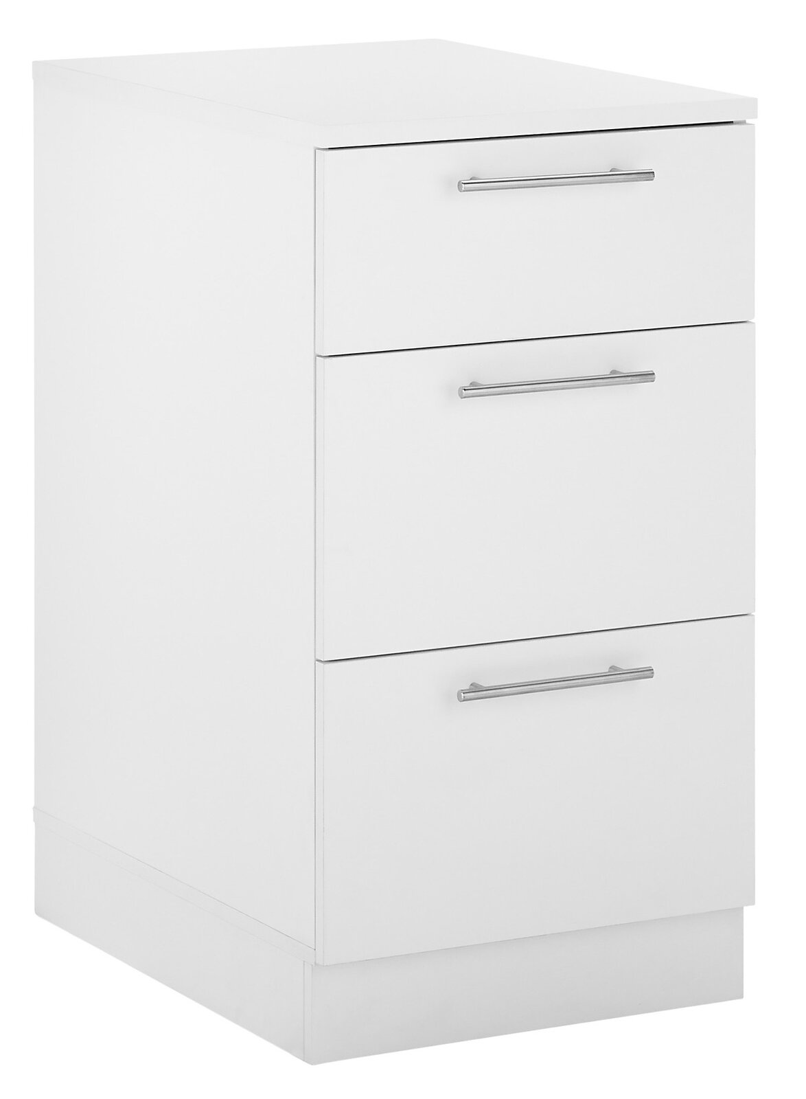 Weißer Unterschrank mit drei Schubladen und silbernen Griffen, seitliche Perspektive