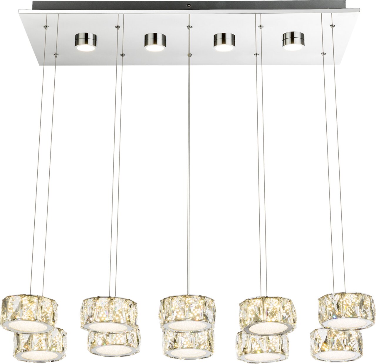 Moderne Hängeleuchte mit mehreren zylinderförmigen Leuchtkörpern, von unten betrachtet.